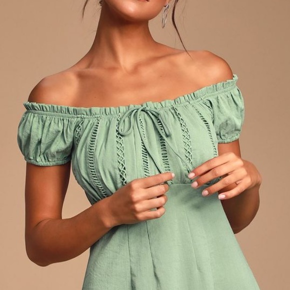 New Lulu's Wisteria Sage Green Embroidered Off-the-
Shoulder Mini Dress S - Picture 11 of 11